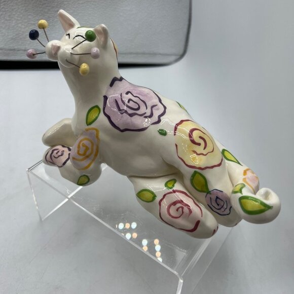 Vintage Annaco Creations Amy Lacombe Lying Cat With Summer Flowers 2001 Figurine - Picture 4 of 9